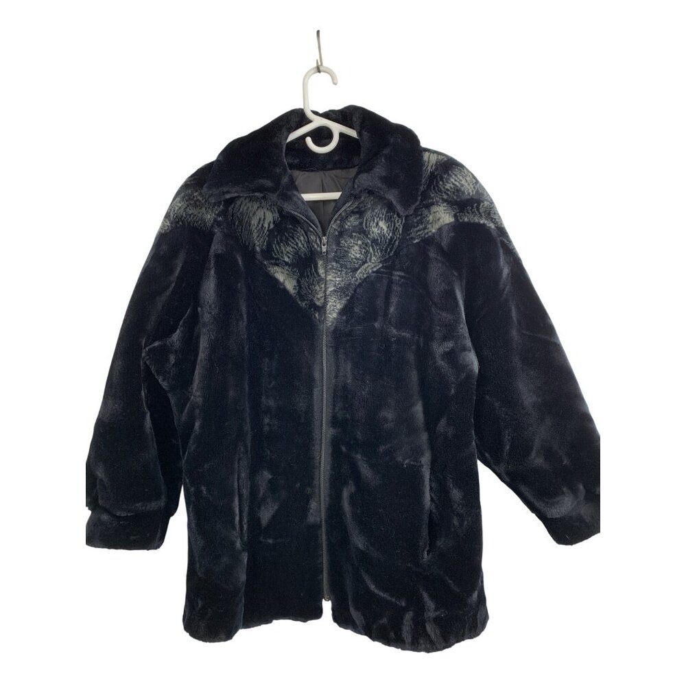 Vintage 90s Hillmoor NY Black Faux Fur Coat Zip Size L/XL RD10707 Teddy EUC USA